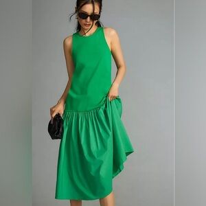 Maeve Anthropologie Flounce Drop Hem Midi Dress Green